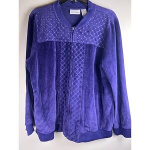 Alfred Dunner Womens Purple Velour Zip‎ Up Jacket Studded Quilted Design Sz 14